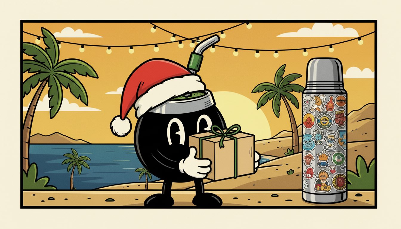 Cebadín con gorro de Navidad sosteniendo una caja de regalo en la costanera, junto al termo con stickers